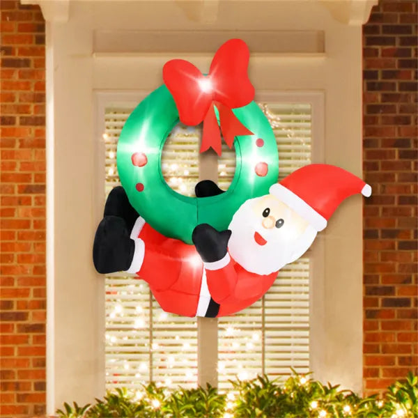 4ft Inflatable Santa Wreath Christmas Decor: 5 LED Lights (3 On Wreath/2 On Santa), IP44 Waterproof Polyester, 2 Hanging Ropes