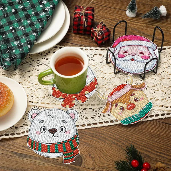 6 Packs Christmas Rhinestones Art Coasters With Holder Snowman Gingerbread Man Penguin Santa Claus Pattern Gift Non Slip Acrylic Cup Coaster 5D DIY Full Drill Rhinestones Dots Art