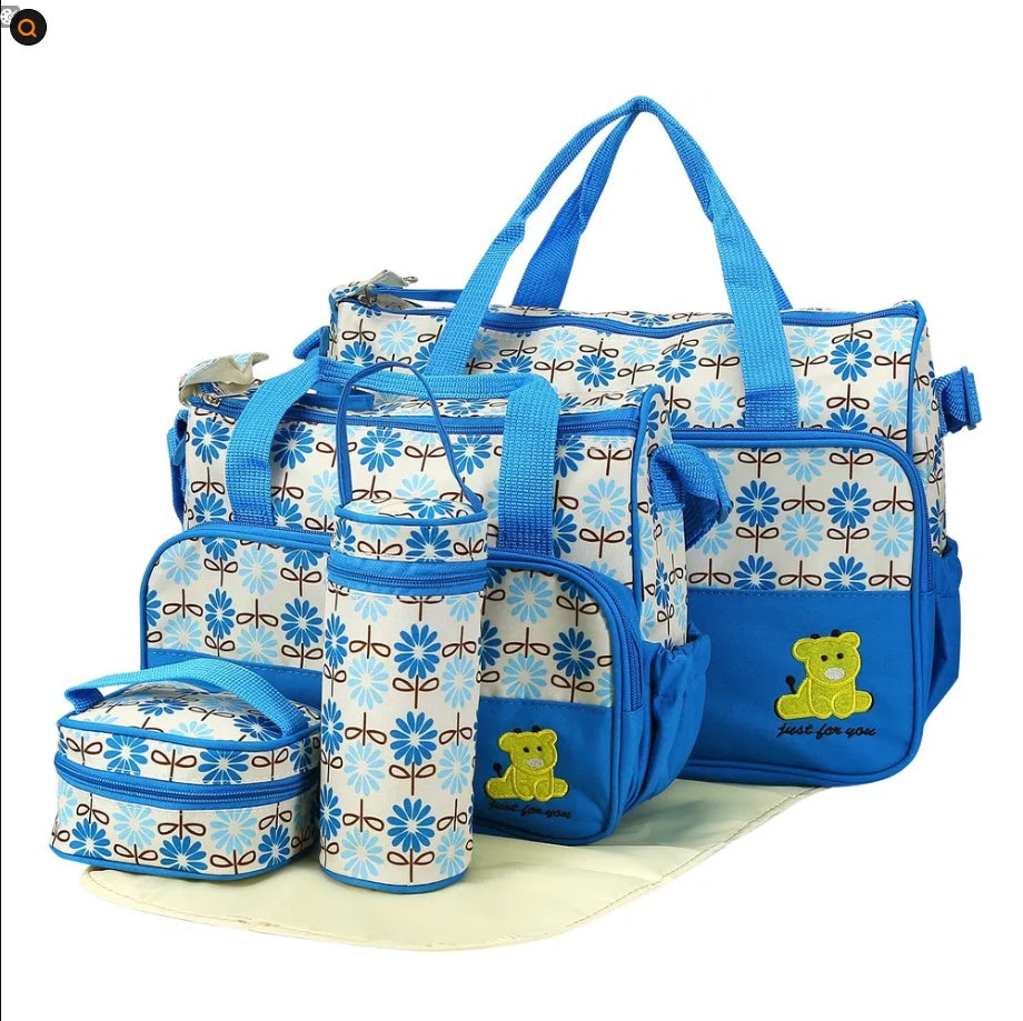 5PCS Baby Nappy Diaper Bags Set Mummy Diaper Shoulder Bags W Nappy Changing Pad Insulated Pockets Travel Tote Bags