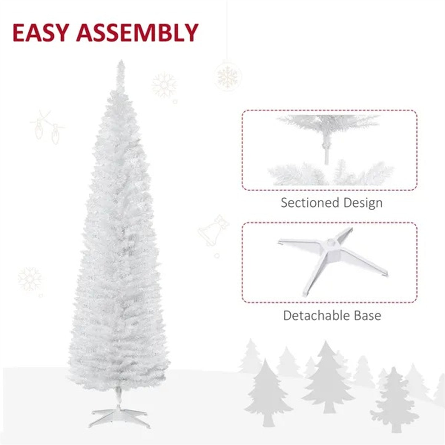 7' Pencil Christmas Tree, Slim Artificial Xmas Tree With Realistic Branches, Sturdy Metal Stand, White