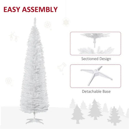7' Pencil Christmas Tree, Slim Artificial Xmas Tree With Realistic Branches, Sturdy Metal Stand, White