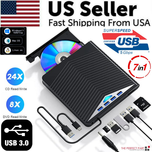 External CD DVD Drive For PC Laptop Windows 11 10 USB 3.0 Burner Reader Writer