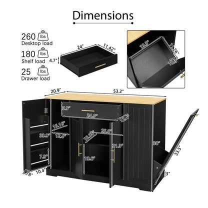 53 Inch Large Kitchen Island With Trash Can Storage Cabinet, Islands Table With Drawer And Adjustable Shelves, Breakfast Bar Cabinet For 13 Gallon Garbage Bin, Black & Oak