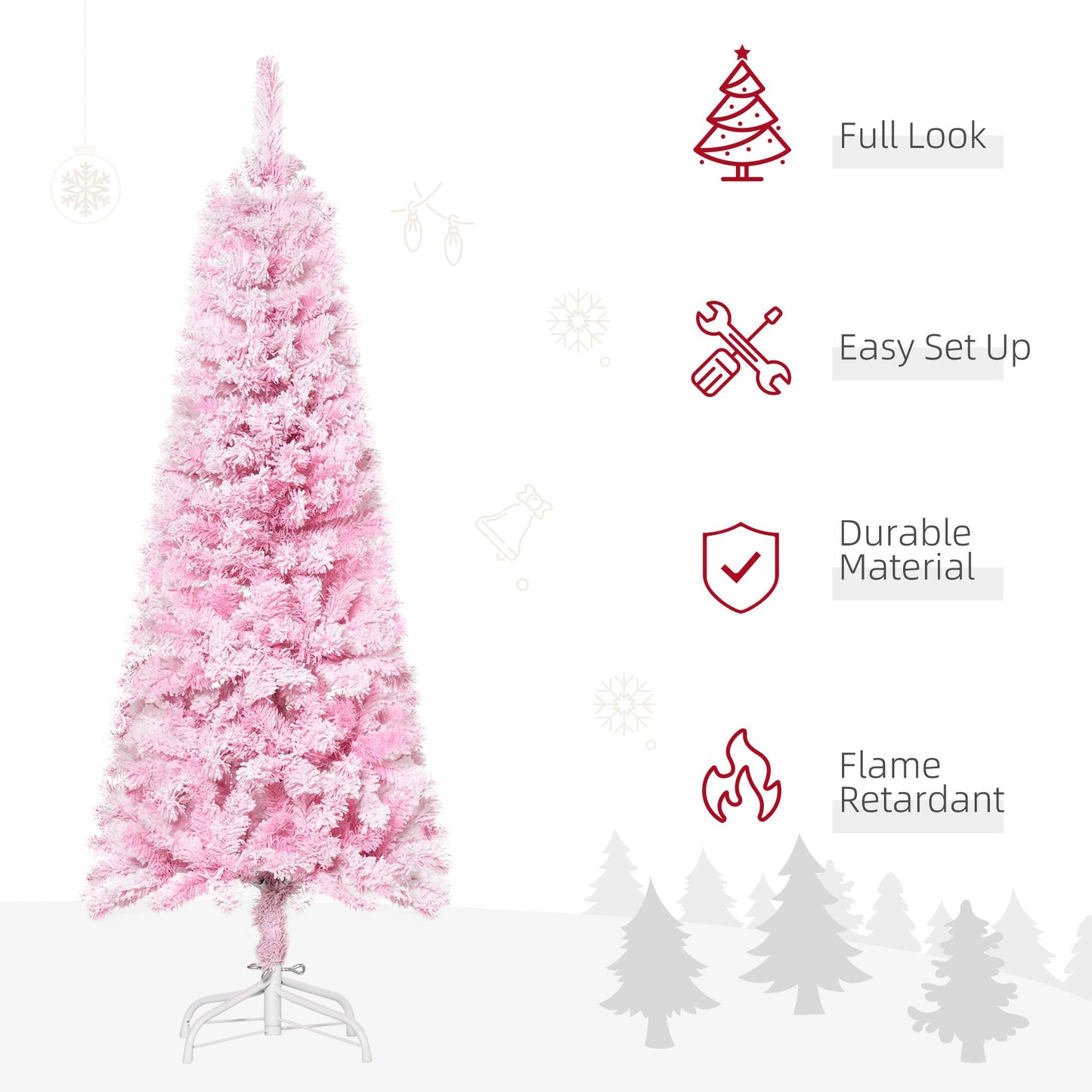 5 FT Snow Flocked Artificial Christmas Tree, Pencil Xmas Tree With Realistic Branches, Auto Open And Steel Base, Pink
