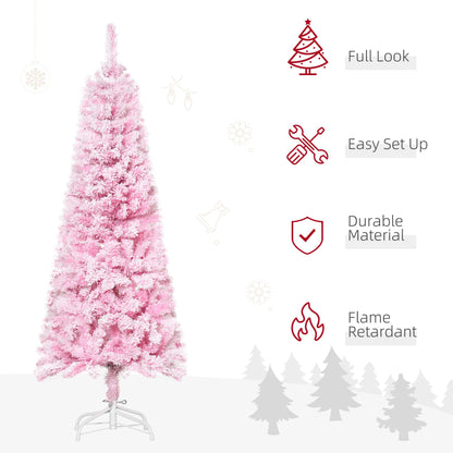 5 FT Snow Flocked Artificial Christmas Tree, Pencil Xmas Tree With Realistic Branches, Auto Open And Steel Base, Pink