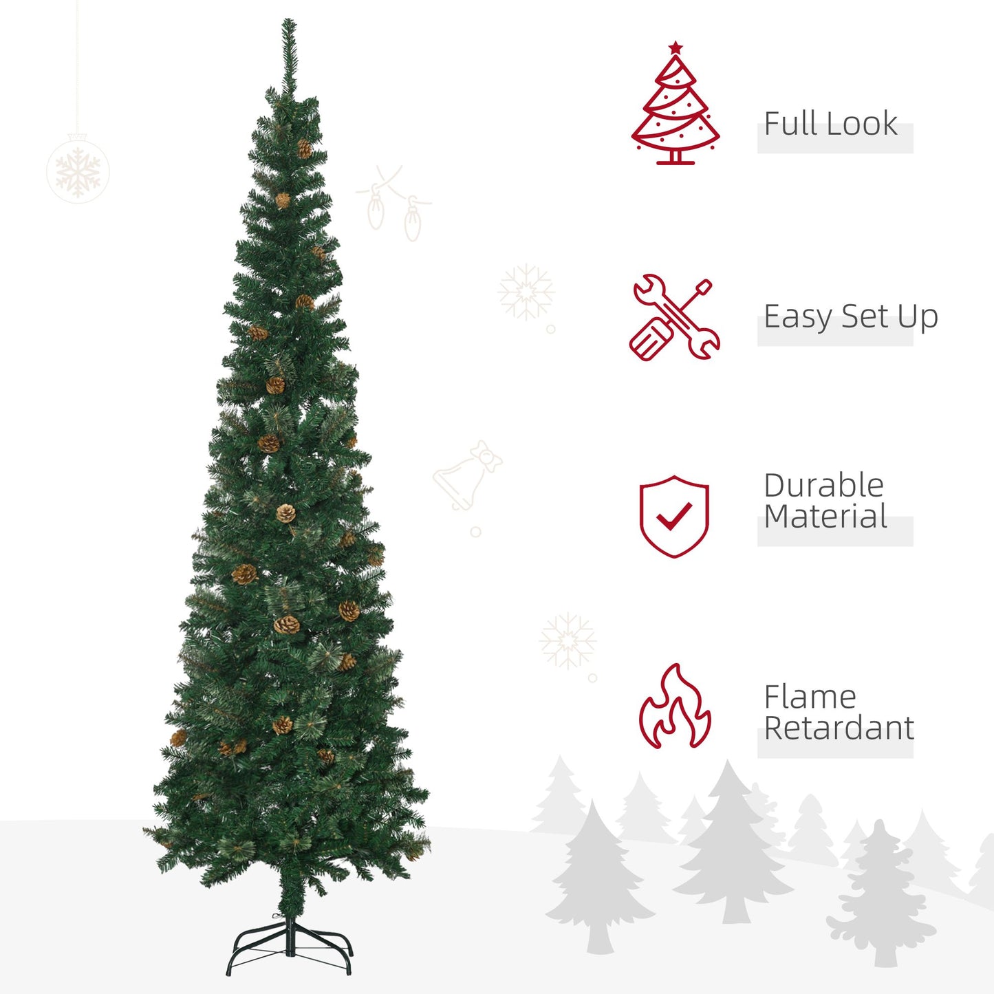 7.5ft Pencil Christmas Tree, Artificial Christmas With Pine Needles, Realistic Branches, Pine Cones, Metal Base, Green