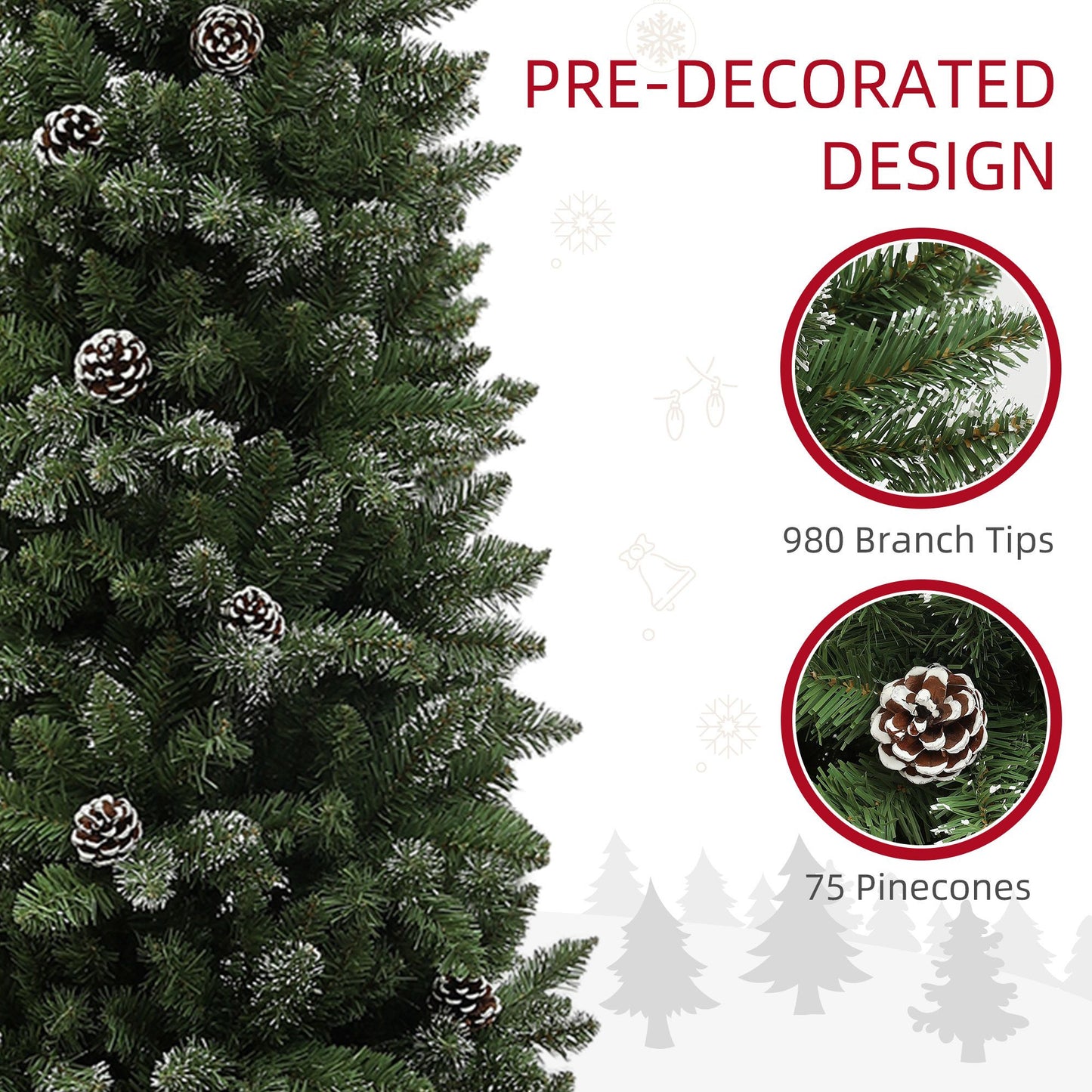 7ft Artificial Pencil Christmas Tree With 980 Branches, Pinecones, Metal Stand, Realistic Xmas Tree For Home