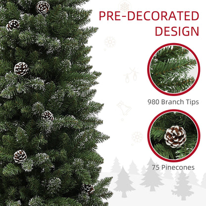 7ft Artificial Pencil Christmas Tree With 980 Branches, Pinecones, Metal Stand, Realistic Xmas Tree For Home