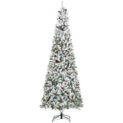 9-foot Pencil Snow Flocked Artificial Christmas Tree With 1350 Pine Realistic Branches, Pine Cones, Red Berries, Auto Open, Green