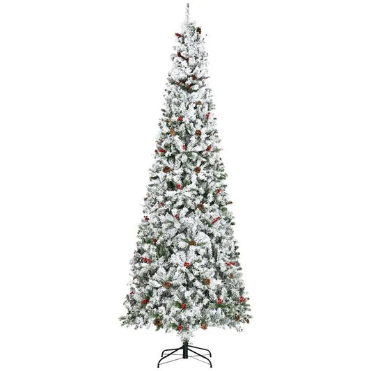 9-foot Pencil Snow Flocked Artificial Christmas Tree With 1350 Pine Realistic Branches, Pine Cones, Red Berries, Auto Open, Green