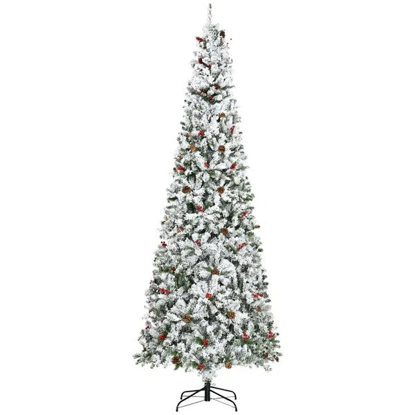 9-foot Pencil Snow Flocked Artificial Christmas Tree With 1350 Pine Realistic Branches, Pine Cones, Red Berries, Auto Open, Green