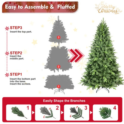 Artificial 7.5ft Green Christmas Tree With 2155PVC Hard Needle Mixed Branch Tips, Memory Wire Iron Wire, Hinged Premium & Foldable Base For Indoor Holiday Decorating