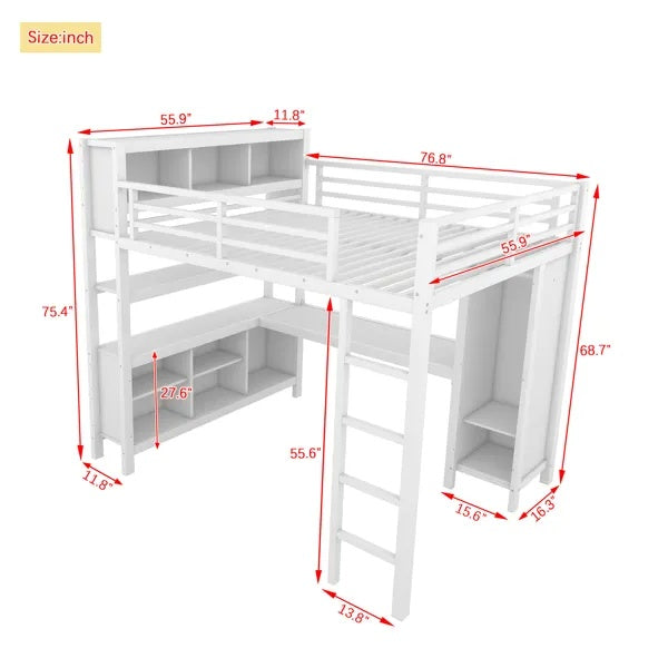 Metal Loft Bed With Wardrobe And L-shaped Desk, Full Size Loft Bed With Storage Cubes And Shelves, Heavy Duty Loft Bed For Kids Teens Adults, White