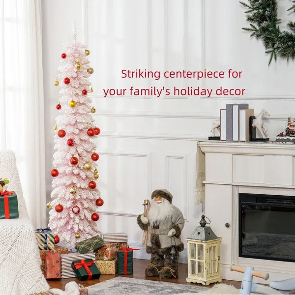 6ft Snow-Flocked Artificial Christmas Tree, Slim Pencil Xmas Tree With 395 Realistic Branches, Metal Base