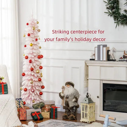 6ft Snow-Flocked Artificial Christmas Tree, Slim Pencil Xmas Tree With 395 Realistic Branches, Metal Base