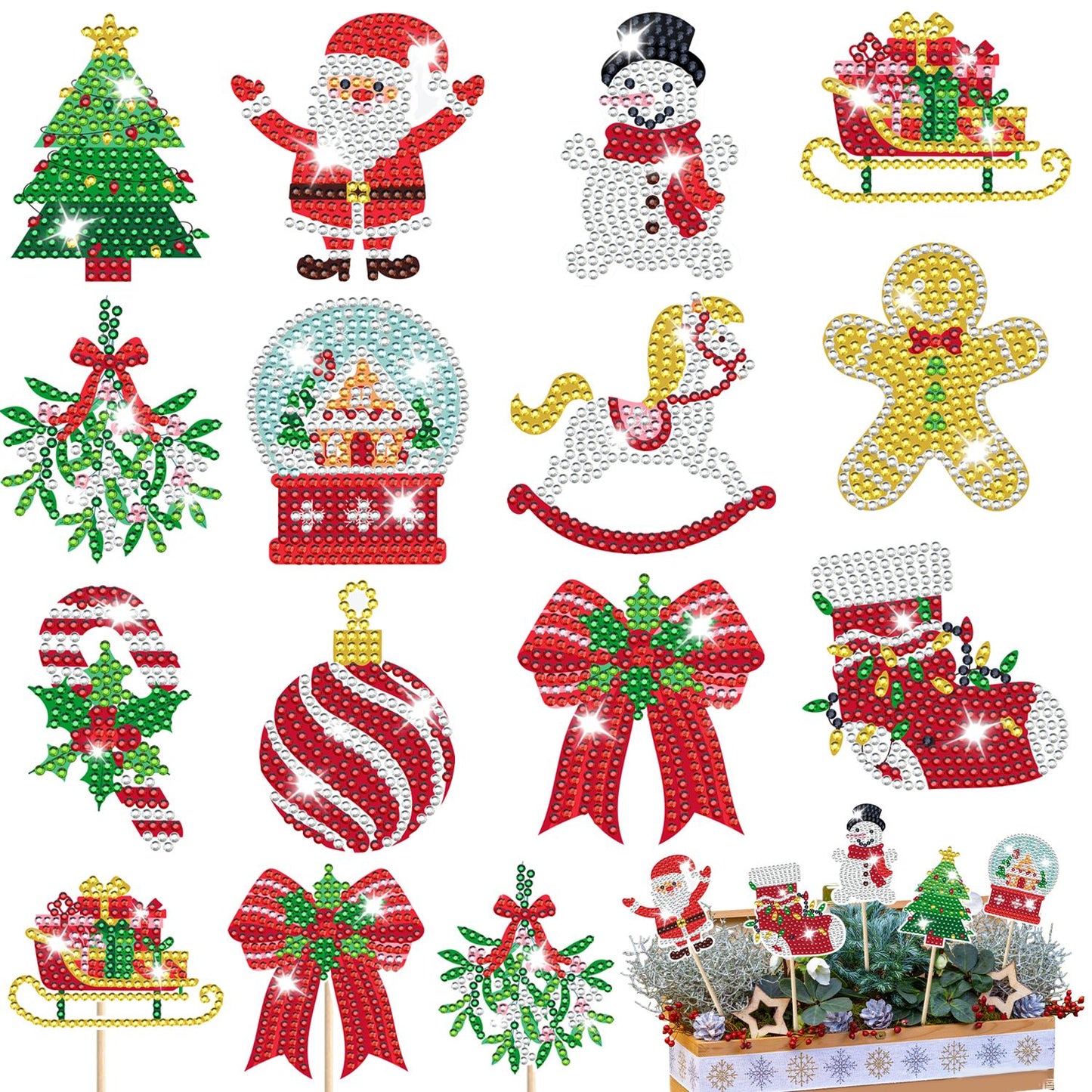 12Pcs Christmas Rhinestones Painting Kits Santa Claus Snowman Gingerbread Man Christmas Stockings Bows Design Rhinestones Art For DIY Art Garden Stake Decoratoin Enjoy Crafting Holiday Gifts