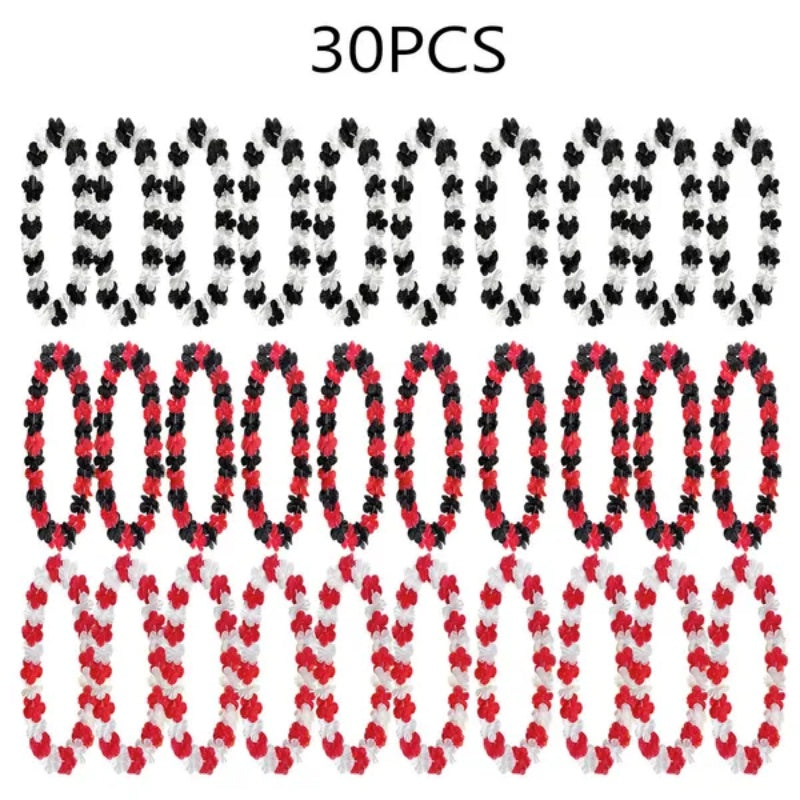30 Pcs Racing Party Flower Leis Black White Red Mixed Color Silk Tropical Flower Necklace
