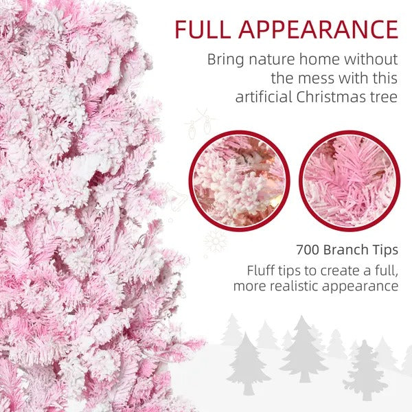 7.5 Foot Prelit Snow Flocked Artificial Christmas Tree With Pencil Shape, 700 Pine Realistic Branches, Warm White LED Lights, Auto Open, Pink And White