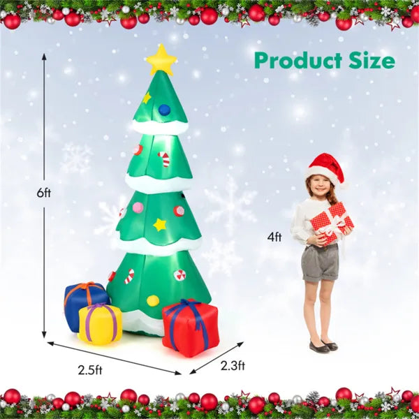 6FT Inflatable Christmas Tree: Multicolored Gift Boxes + Star Top, Built-in LED Lights, Waterproof Polyester