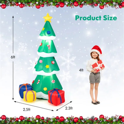 6FT Inflatable Christmas Tree: Multicolored Gift Boxes + Star Top, Built-in LED Lights, Waterproof Polyester