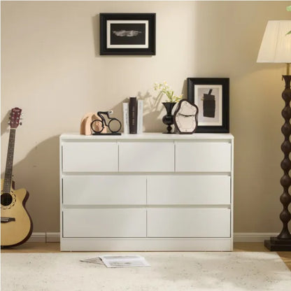1 Modern Chest Of Drawers With 3 Layers Of White P2 Particleboard And 7 Drawers