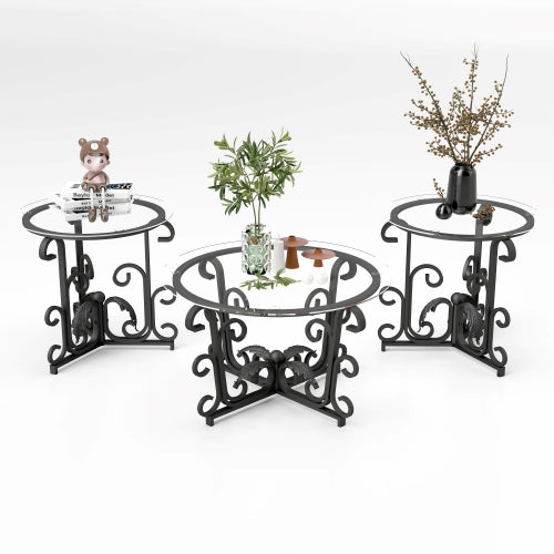 3 Piece Tempered Glass Surface Coffee Table Set Decor Coffee Table