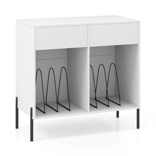 Record Player Storage Stand - Customizable Vinyl Compartments, Built-in Charging Station, Metal Legs & Floor-Protecting Pads