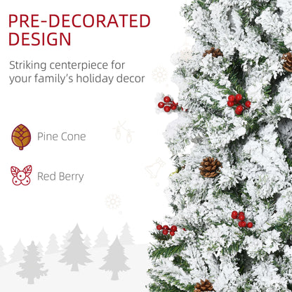 7.5 Foot Pencil Snow Flocked Artificial Christmas Tree With 950 Pine Realistic Branches, Pine Cones, Red Berries, Auto Open, Green