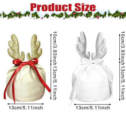 5Pcs Christmas Antler Gift Bags With Drawstring Flannel Gift Pouches Reusable Xmas Party Gift Wrapping Bag For Xmas New Year Birthday Wedding Winter Party Supplies