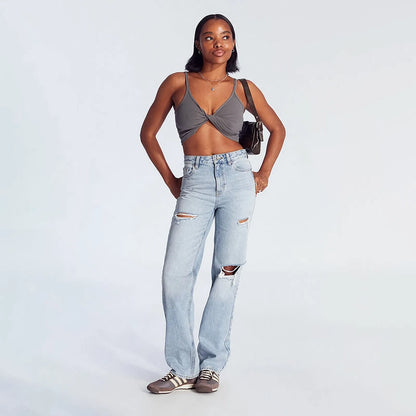 High Waist Ripped Straight Leg Jeans For Women Light Wash Casual Distressed Denim Pants With Knee Cut And Relaxed Fit Straight Leg Jeans Bottom Basic Baggy Jeans