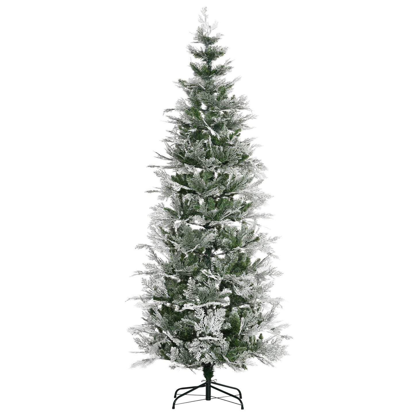 7.5 Feet Pencil Snow Flocked Artificial Christmas Tree With 880 Realistic Cypress Branches, Auto Open, Green