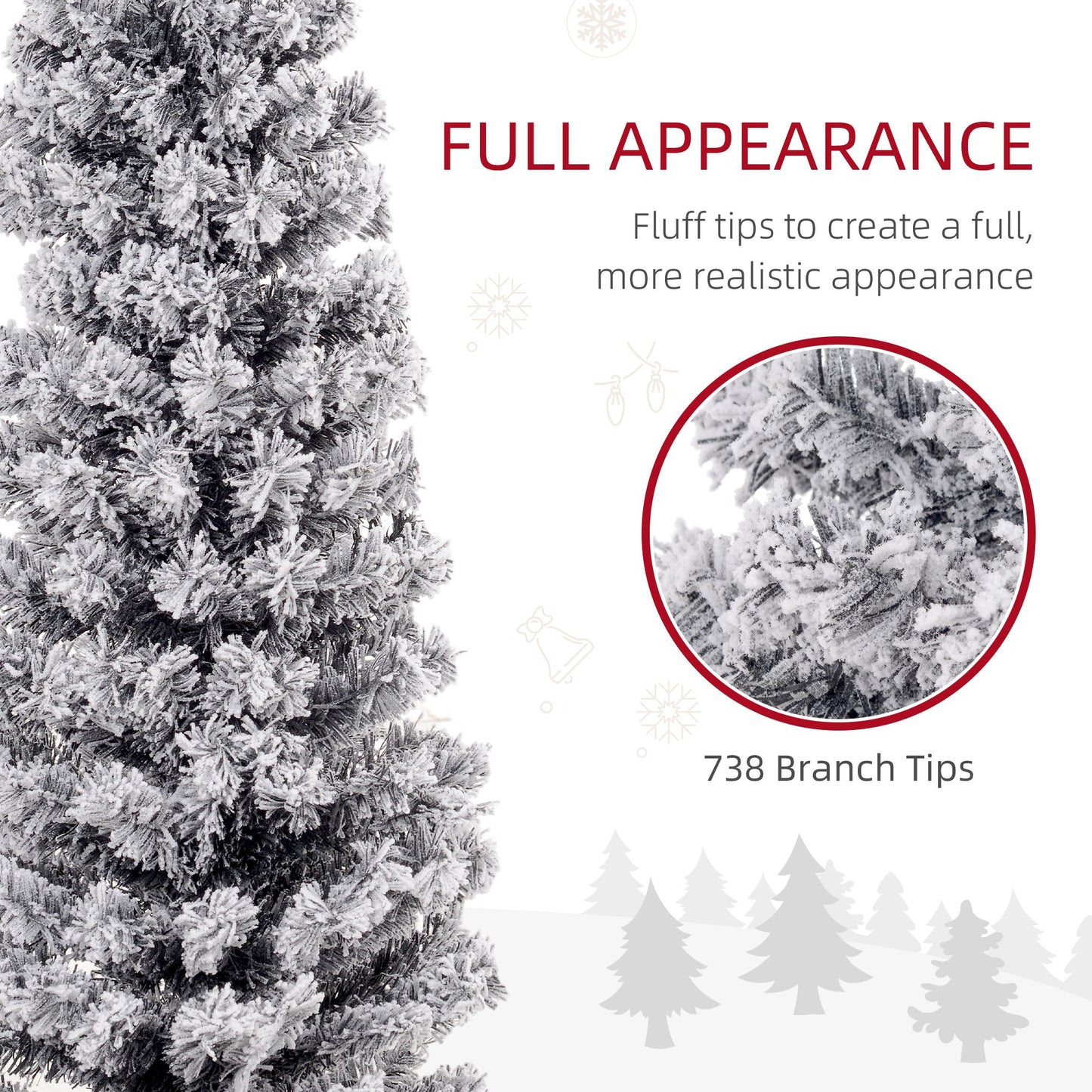 7.5ft Flocked Christmas Tree, Pencil Christmas Tree With Realistic Branch Tips, Folding Metal Stand, Black