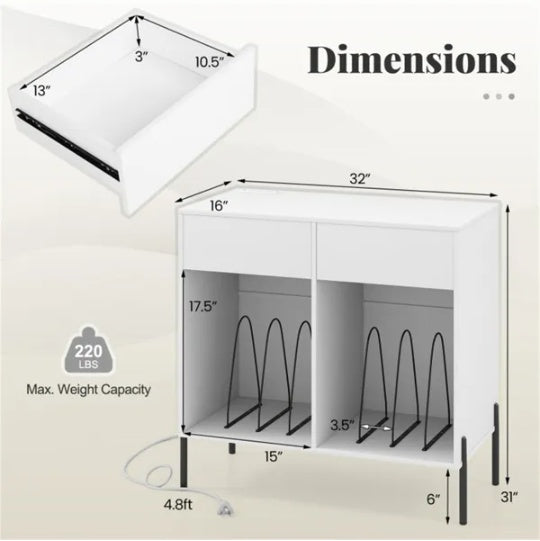Record Player Storage Stand - Customizable Vinyl Compartments, Built-in Charging Station, Metal Legs & Floor-Protecting Pads