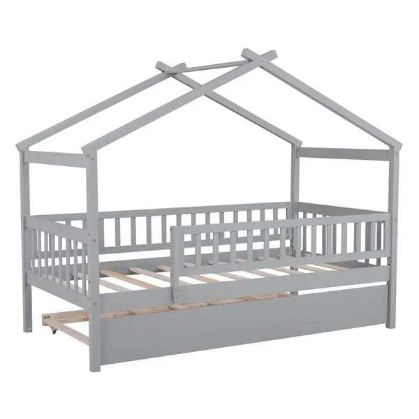 Twin Size Wooden House Bed With Twin Size Trundle