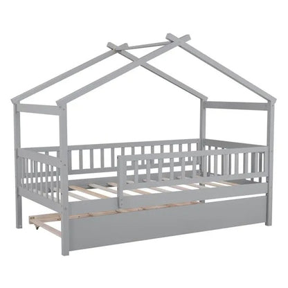 Twin Size Wooden House Bed With Twin Size Trundle