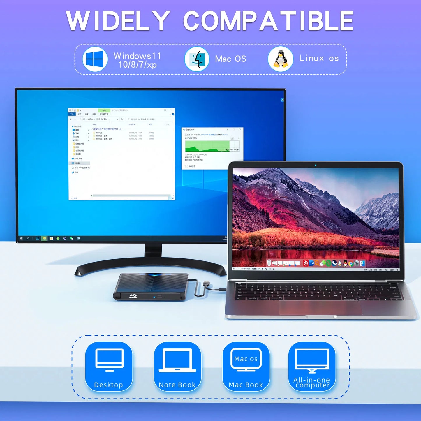 External CD DVD Drive For PC Laptop Windows 11 10 USB 3.0 Burner Reader Writer