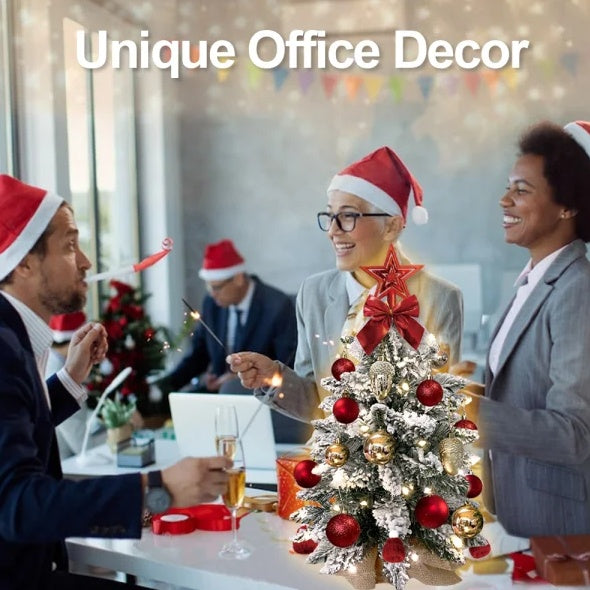 22in Mini Christmas Tree With Lights, Rose Gold Artificial Small Tabletop Christmas Tree With Flocked Snow, Exquisite Decor & Xmas Decorations For Table Top For Home & Office