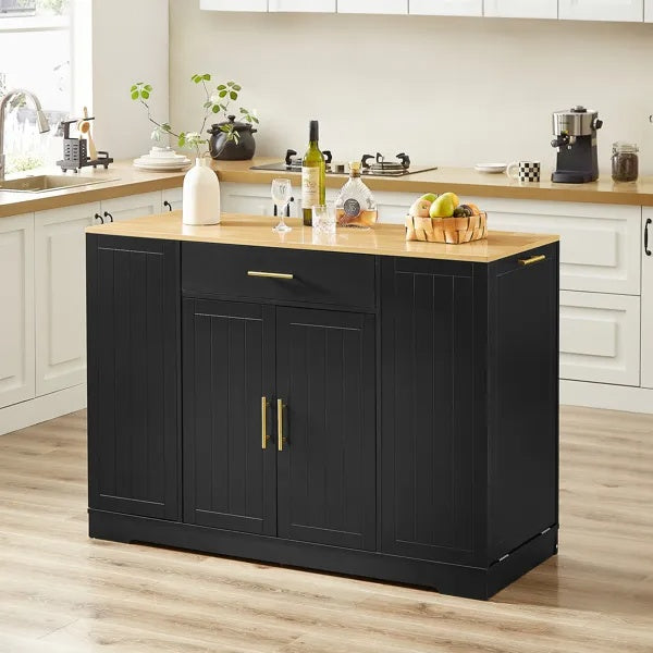 53 Inch Large Kitchen Island With Trash Can Storage Cabinet, Islands Table With Drawer And Adjustable Shelves, Breakfast Bar Cabinet For 13 Gallon Garbage Bin, Black & Oak
