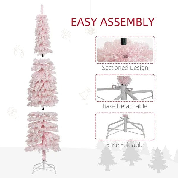 7ft Snow-Flocked Artificial Christmas Tree, Slim Pencil Xmas Tree With 490 Realistic Branches, Metal Base