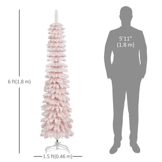 6ft Snow-Flocked Artificial Christmas Tree, Slim Pencil Xmas Tree With 395 Realistic Branches, Metal Base