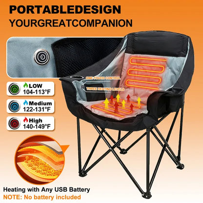 Oversized Heated Camping Chair, Patio Lounge Chairs With 3 Heat Levels, Portable Folding Heated Chair Round Moon Saucer Folding Lawn Chair Outdoor Chair For Camping, Lounge Patio
