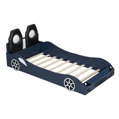 Wood Twin Size Race Car-Shaped Platform Bed With LED And Upholstered Backrest, Blue