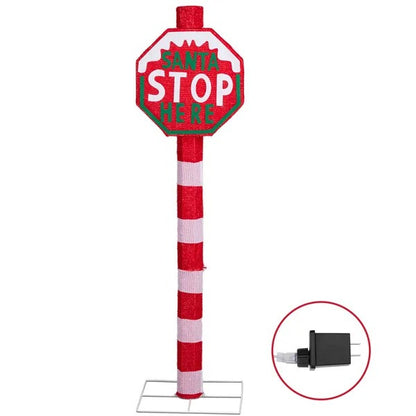 Lighted STOP Sign Christmas Yard Decorations, Pre-lit Road Sign SANTA STOP HERE With 70 LED White Lights And Stakes For Xmas Outdoor Holiday Indoor Decor Lighted Holiday Displays