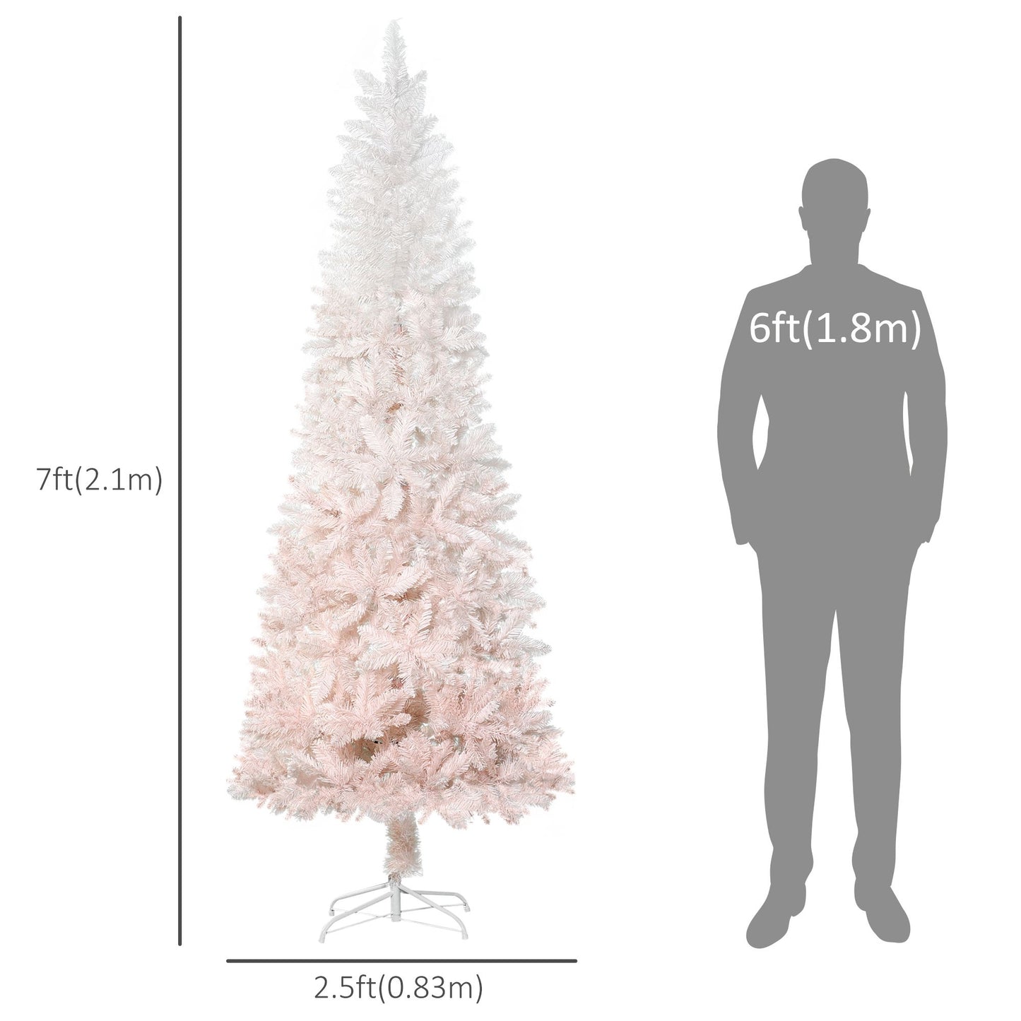 7ft Pencil Artificial Christmas Tree With Pine Realistic Branches, Auto Open, Pink And White