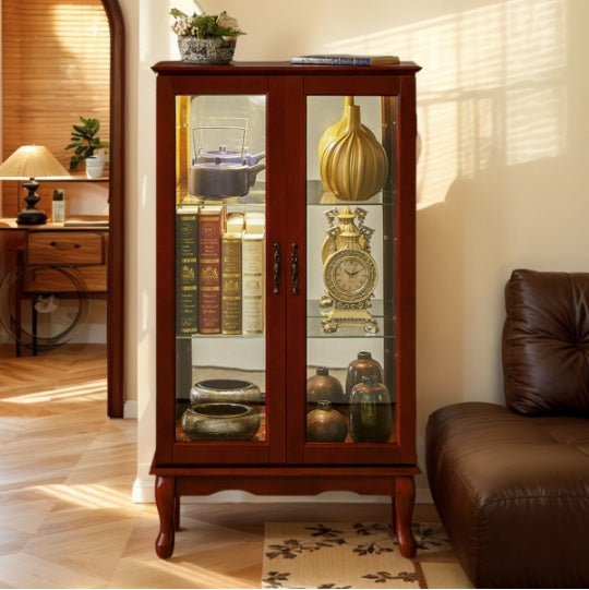 Curio Cabinet Lighted Curio Diapaly Cabinet With Adjustable Shelves And Mirrored Back Panel, Tempered Glass Doors