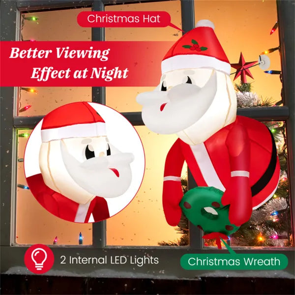 3.3FT Inflatable Window Santa & Wreath: 2 Internal LED Lights, 3 Suction Cups + 1 Rope, 45s Inflation