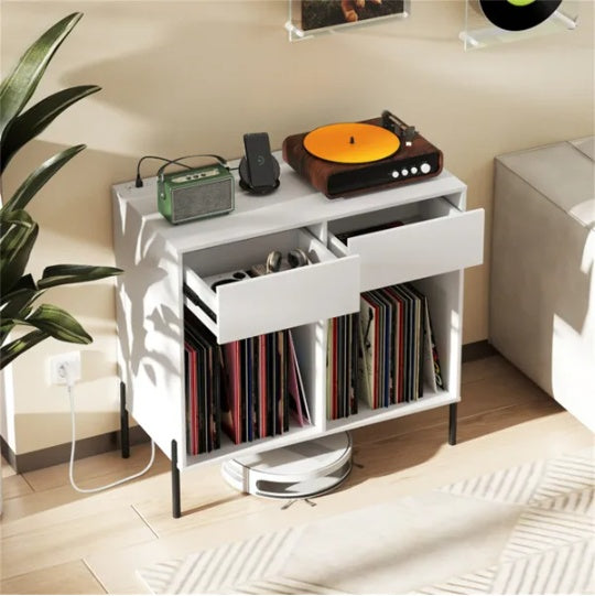 Record Player Storage Stand - Customizable Vinyl Compartments, Built-in Charging Station, Metal Legs & Floor-Protecting Pads