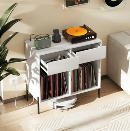 Record Player Storage Stand - Customizable Vinyl Compartments, Built-in Charging Station, Metal Legs & Floor-Protecting Pads