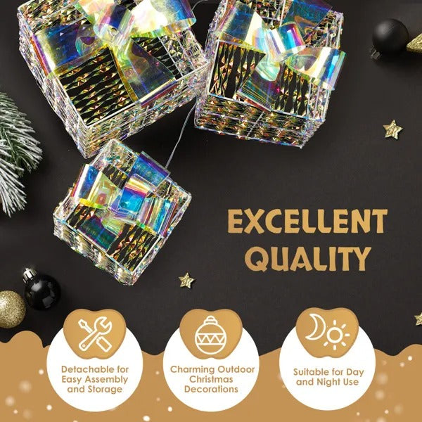 Lighted Iridescent Gift Boxes Set Of 3, Pre-lit Nestable Present Boxes Ornament With 140 LED Warm White Lights And Stakes For Christmas Outdoor Indoor Decor Lighted Holiday Displays