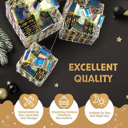 Lighted Iridescent Gift Boxes Set Of 3, Pre-lit Nestable Present Boxes Ornament With 140 LED Warm White Lights And Stakes For Christmas Outdoor Indoor Decor Lighted Holiday Displays